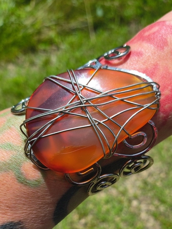 Handmade Jewelry - HUGE Handcrafted Hammered Stainless Steel Cuff With Carnelian Agate Bohochic